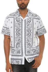 Mens Collared Print Button Down (Color: WHITE BLACK, size: L)